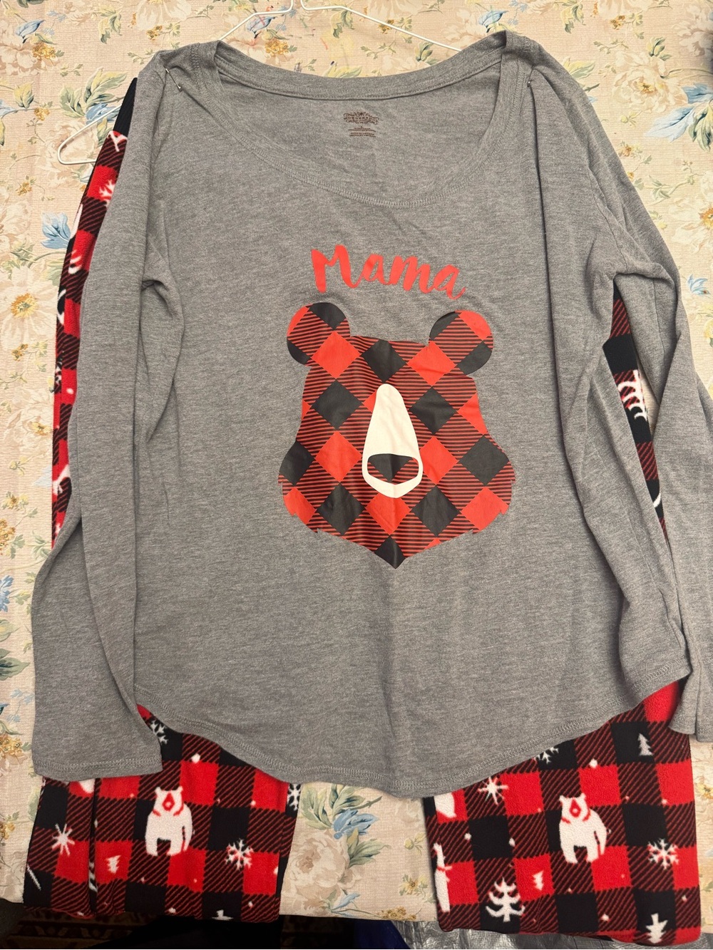 Wondershop Gray Mama Bear Pajama Set with Red & Black Plaid